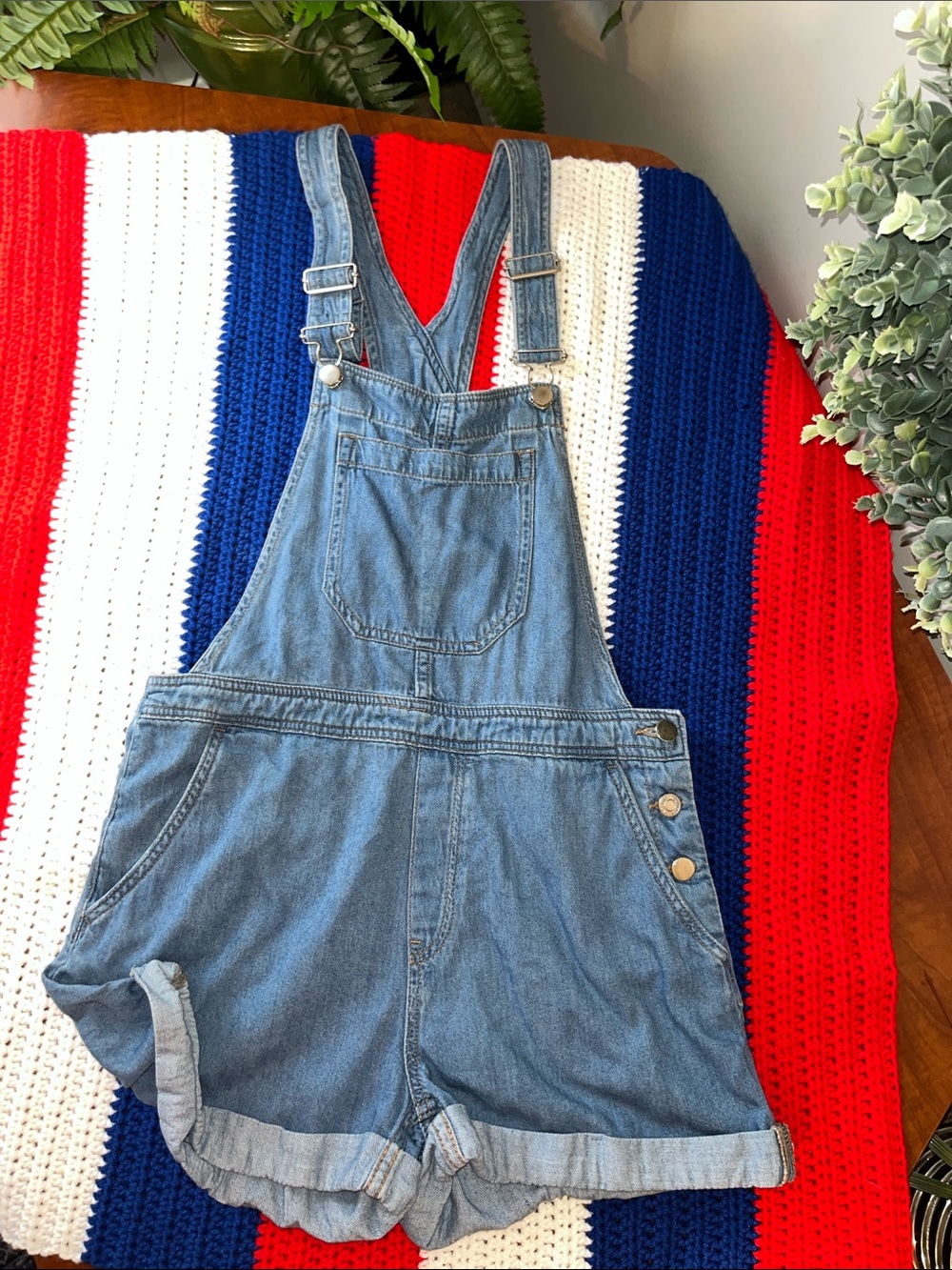 Denim Short Overalls Rolled Hem Classic Light Blue Soft Jean  🩵
